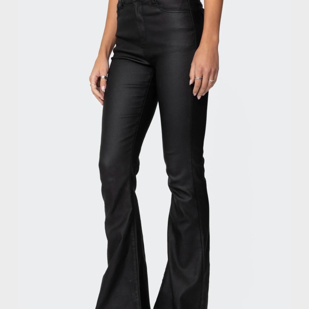 Edikted Luna Faux Leather Black Flare Jean in Small - Picture 3 of 6